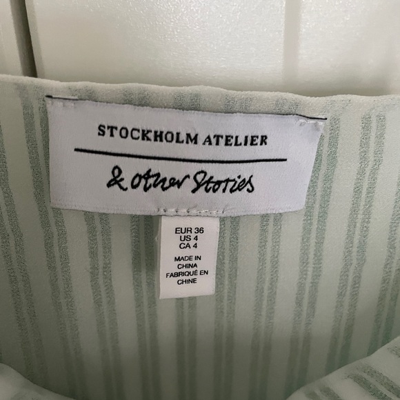 & Other Stories gathered pleated midi dress in green and white stripes - Picture 5 of 6